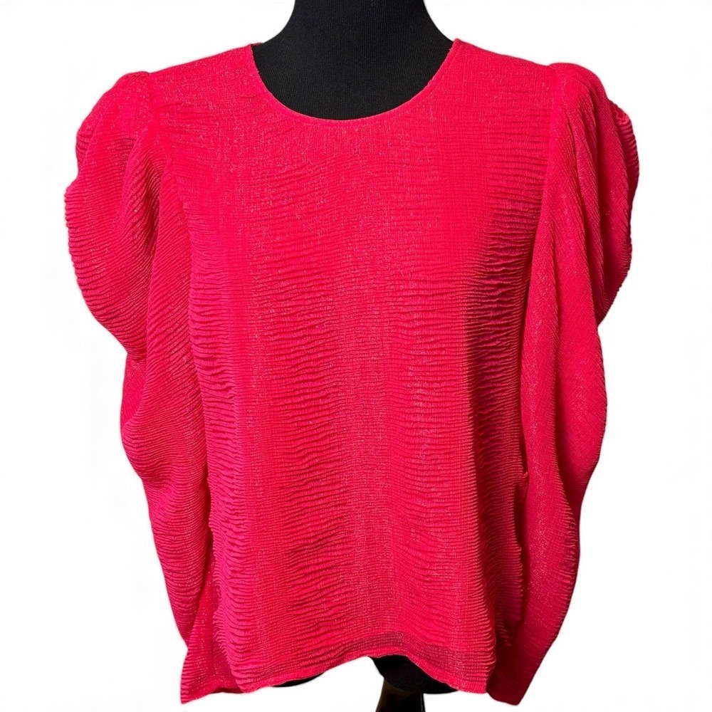 Calvin Klein Blouse‎ Top Dark Pink Puff Sleeve Textured Chic Feminine Style nwt
